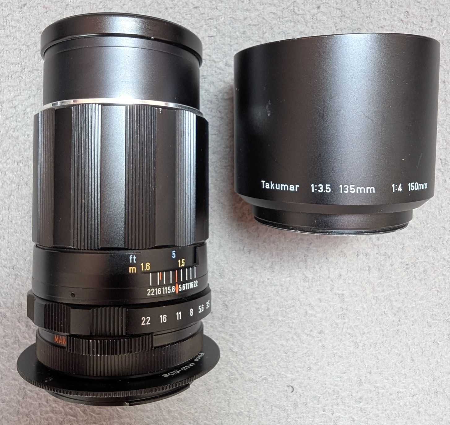 ръчен фотообектив Takumar 3.5/135 Super MC на Canon EF с адаптер
