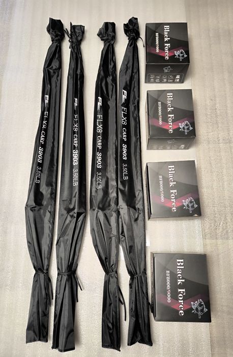 SET 4 Lansete FLX8 3.90M 3Segmente 3.5LBS + 4 Mulinete FL BLACK F 9000