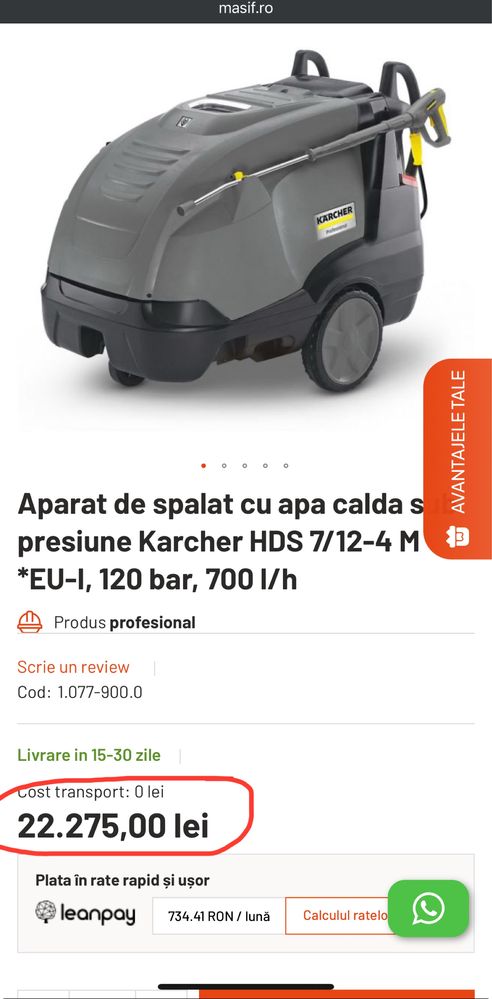 Vand Aparat de Spalat cu apa calda sub presiune KARCHER HDS 7/12-4M