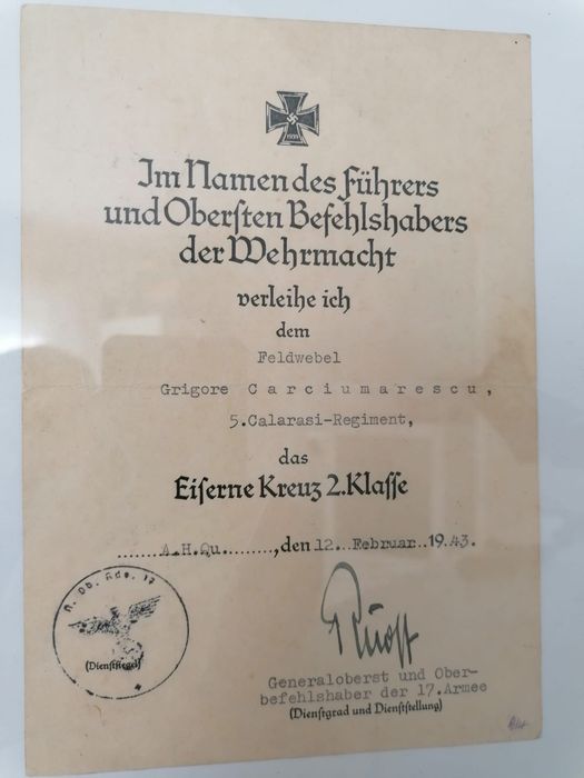 WW2 brevet decorație soldat român nazist medalie