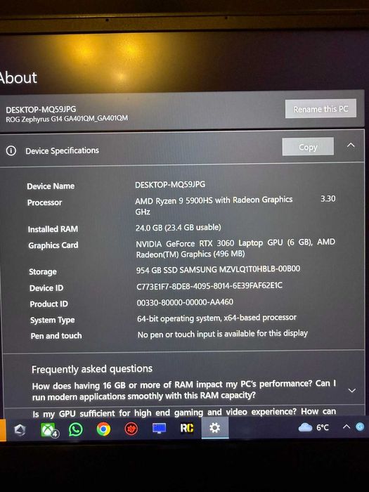 Laptop Gaming Asus Zephyrus G14 Ryzen 9 5900HS|RTX 3060 6GB|24GB RAM
