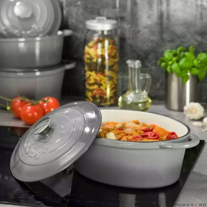 Oala din fonta emailata 4.5 litri, 30cm, ovala, cratita cu capac, gri,