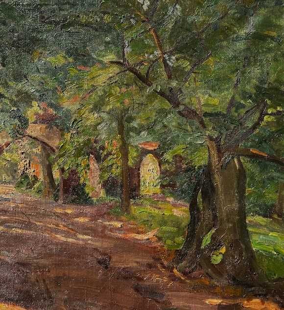 Școală maghiară ”Alee în parc” Superb! TABL00U u/pz, datat 1925, 75x60