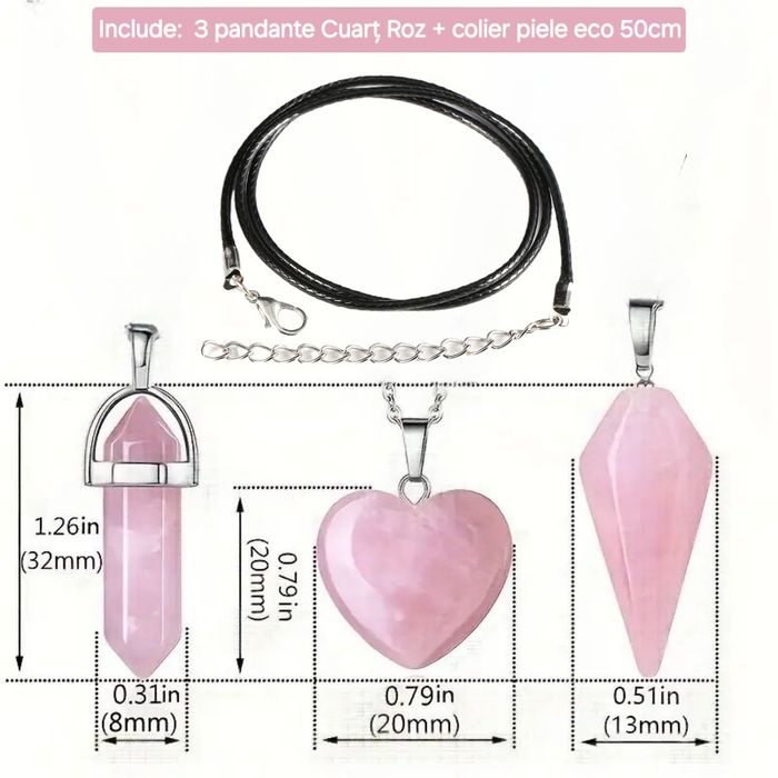 Set 3 cristale Cuarț Roz+Colier piele eco. Reiki, aduc iubire, noroc.