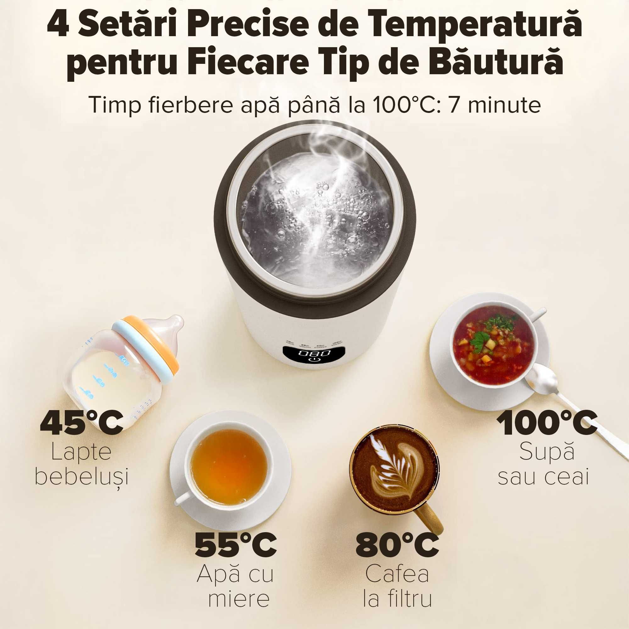 Fierbător Electric Portabil 450ml – Control Temperatură, Infuzor Cadou