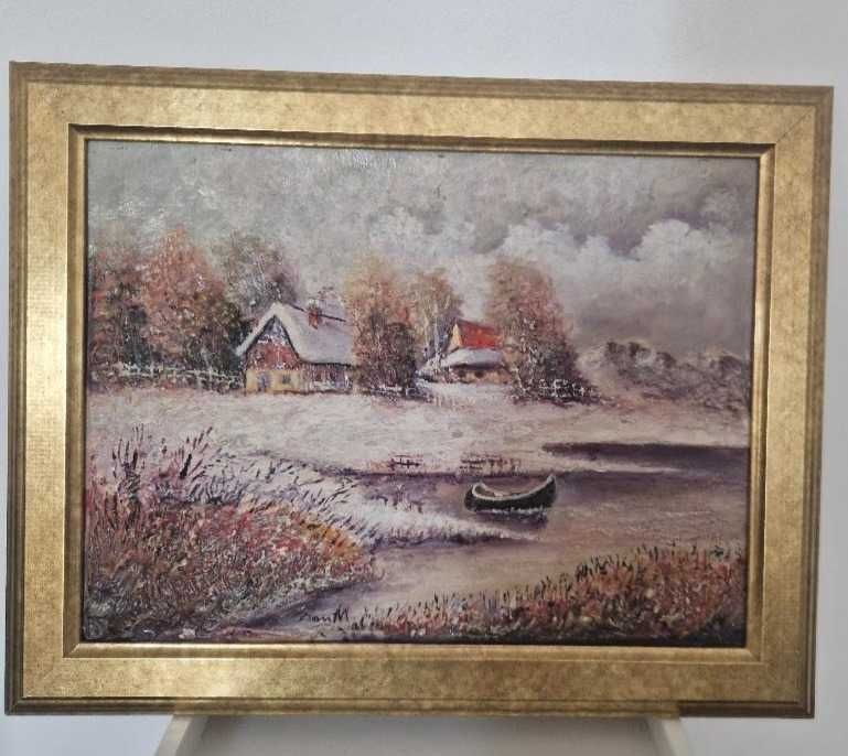 tablou pictat manual-48x38 cm, peisaj de iarna, stare perfecta