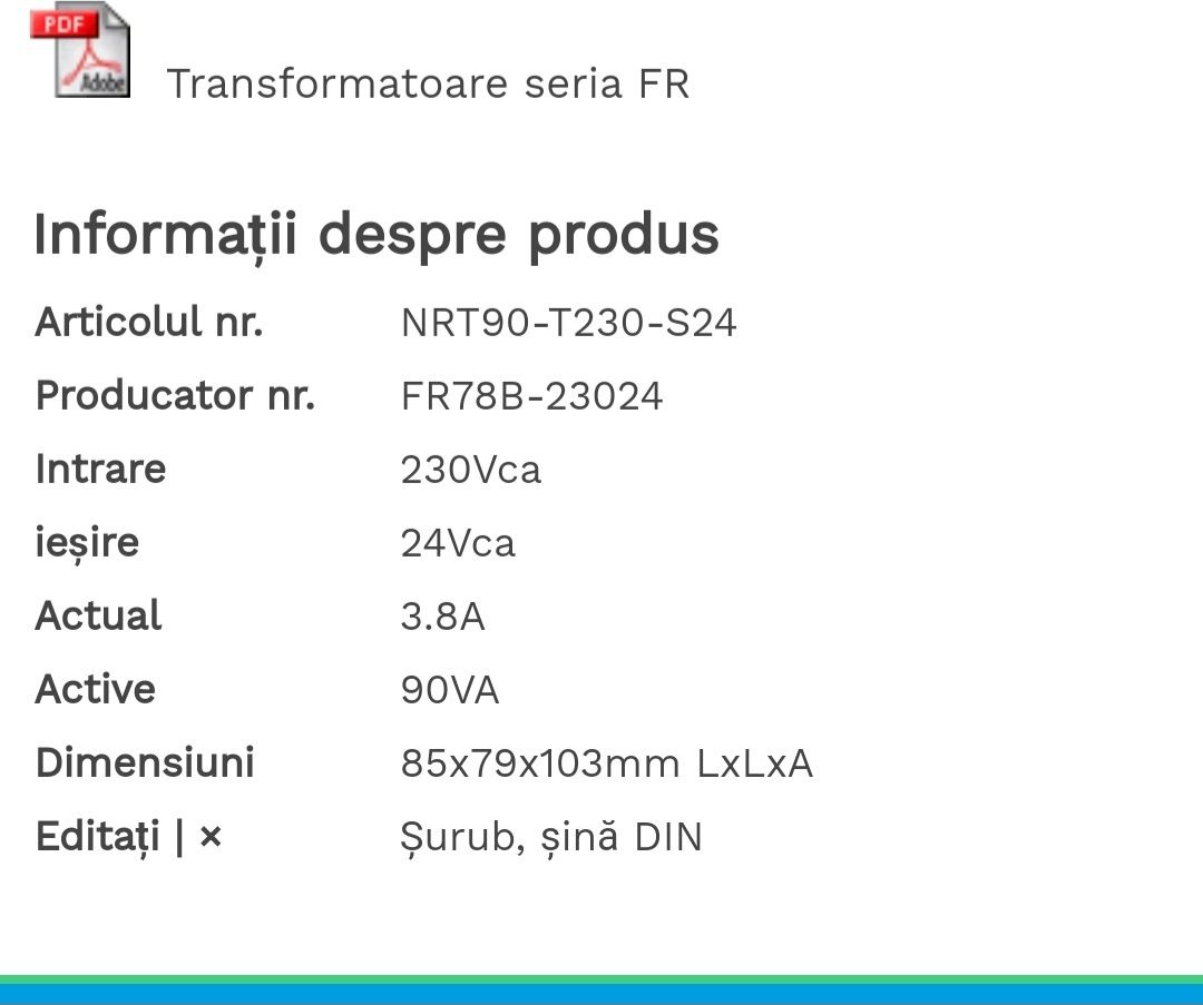 Transformator 230V la 24V AC, 90VA