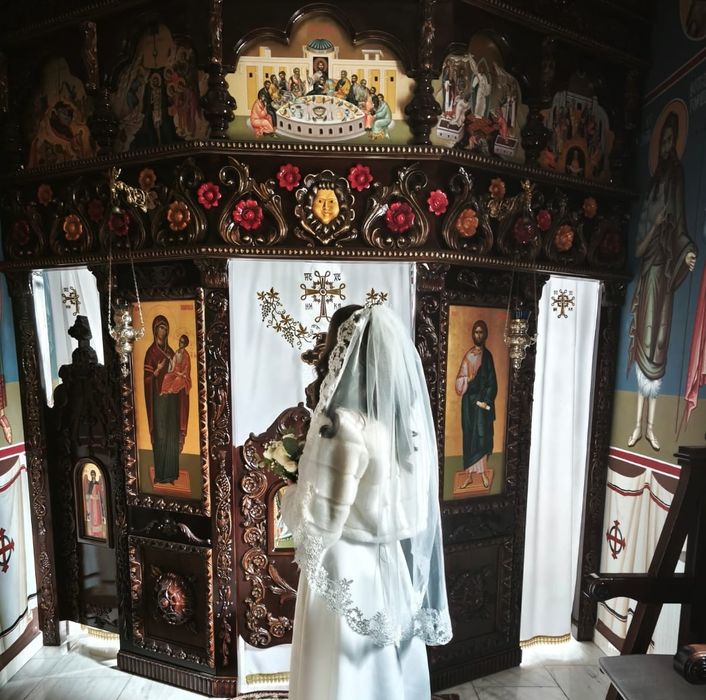 Rochie de mireasa lungă A-line, corset reglabil, mâneci lungi din voal