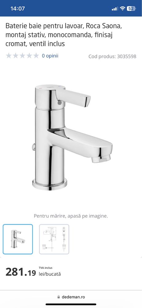 Baterie NOUA pt chiuveta baie, marca Roca Saona A5A307AC0K