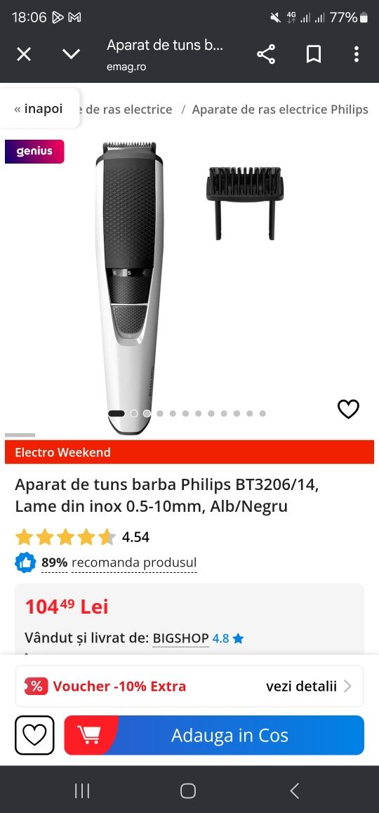 Aparat de tuns barba Philips BT3206/14, Lame din inox 0.5-10mm, Alb/Ne