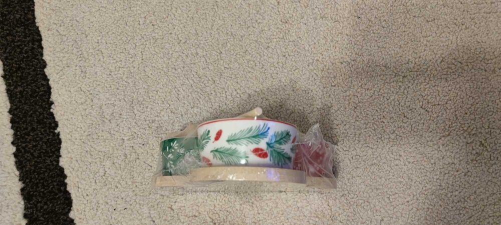 Set servire 4 piese platou bambus 3 boluri portelan Craciun sigilat