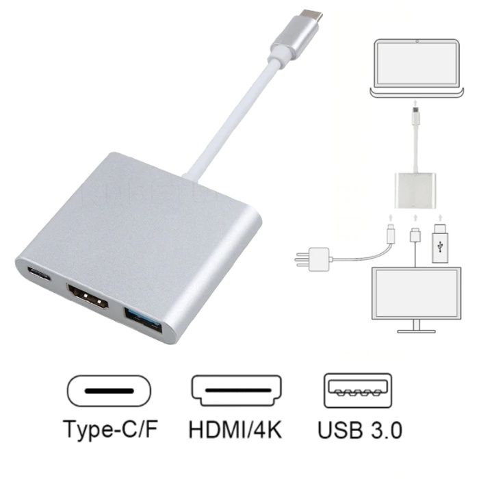Алуминиев Type-C(USB-C) хъб към HDMI/USB 3.0/Type-C конвертор + Гаранц