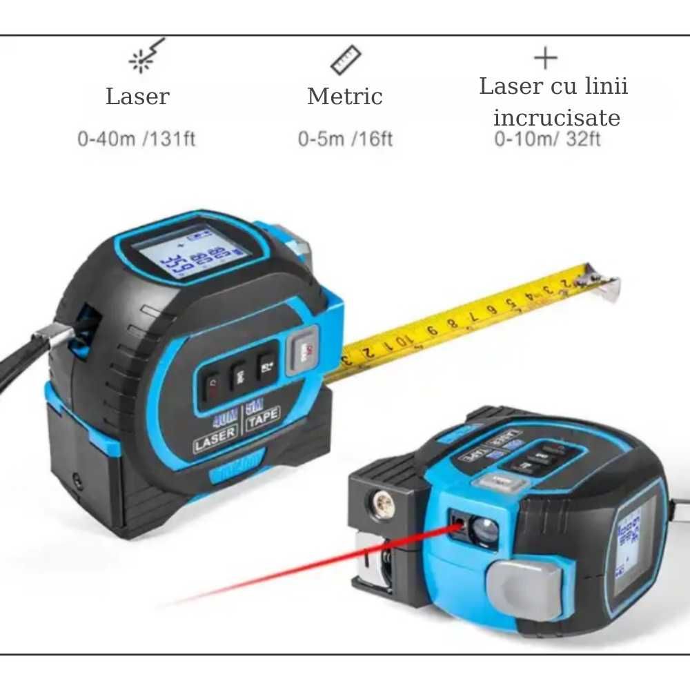 Ruleta Laser,Digital, Raza de Actiune 40M,Banda Metalica 5M,Ecran LCD,