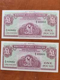 2 Bancnote 1 Pound 1962, serii consecutive, British Armed Forces.