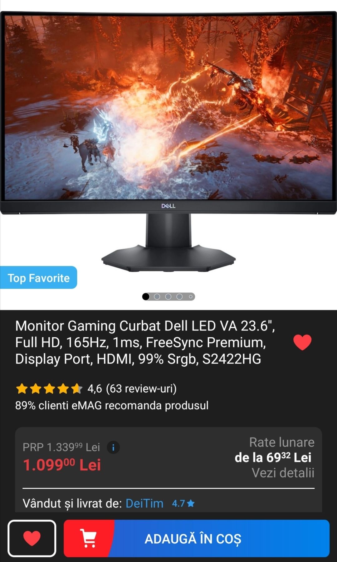 Monitor Gaming Dell 165hz curbat