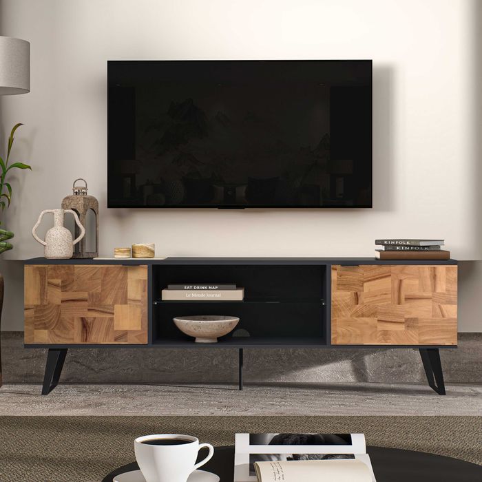 Comodă TV modernă negru cu fronturi din lemn mozaicat – design elegant