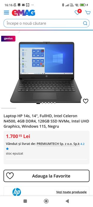 Laptop Model NOU Ultra subțire HP 14s-DQ - Intel N4500/ 8Gb DDR4/ SSD