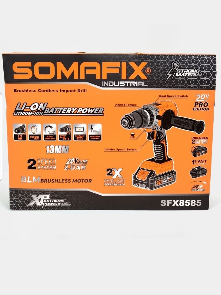 Шуруповерт 2х аккумуляторный SOMAFIX, SFX8585, 20 В