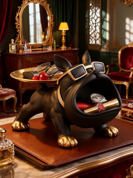 Статуя французского бульдога в современном стиле с подносом