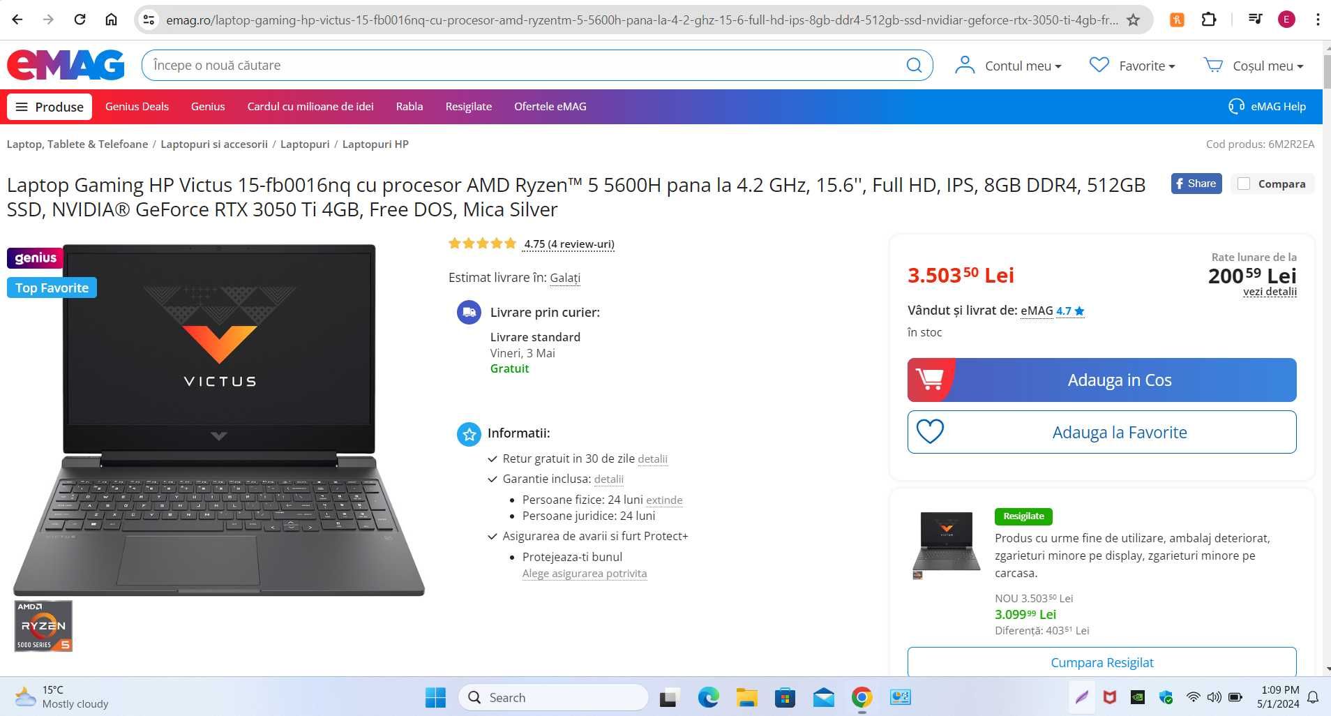 laptop gaming HP Victus nou, 2 ani garantie, Ryzen 5 5600H, RTX 3050TI