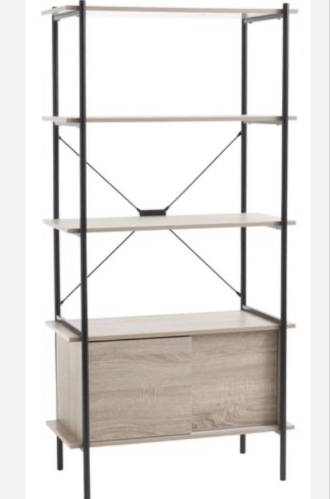 Etajeră VANDBORG – stejar/negru, 4 rafturi + 2 uși, design modern