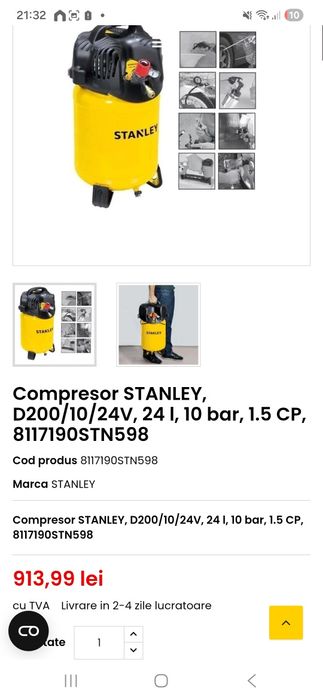 Compresor aer STANLEY D200/10 24v, vertical ,24L, 1,5 cp, 10 bar
