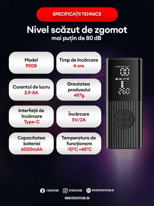 Compresor Aer Multifunctional, Portabil Cu Acumulator 6000mAh Wireless