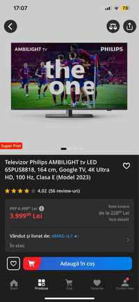 Televizor Philips AMBILIGHT tv LED 65PUS8818 164 cm