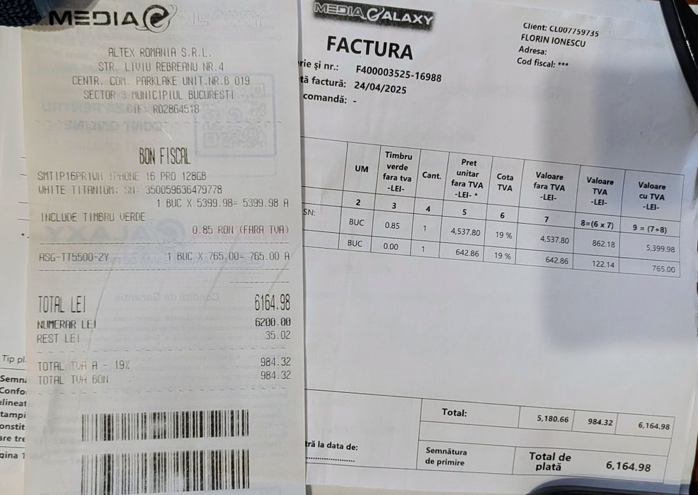 Vând iPhone 16 pro white titanium 128gb