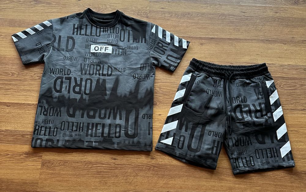 Мъжки,памучен,къс комплект OFF White в черно със сиво и бяло
