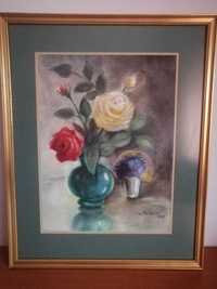 Tablou pictura in acuarela pe hartie vaza trandafiri semnat 1975