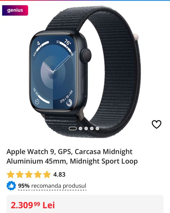 Apple Watch 9, Carcasa Midnight 45mm, sigilat, transport ZERO