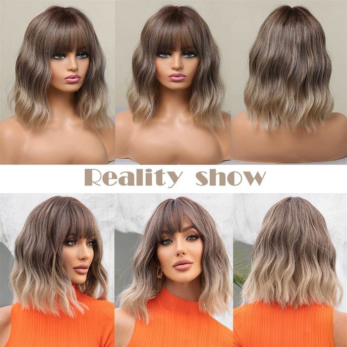 Омбре вълнообразна перука с тъмни корени и пепеляви краища с бретон