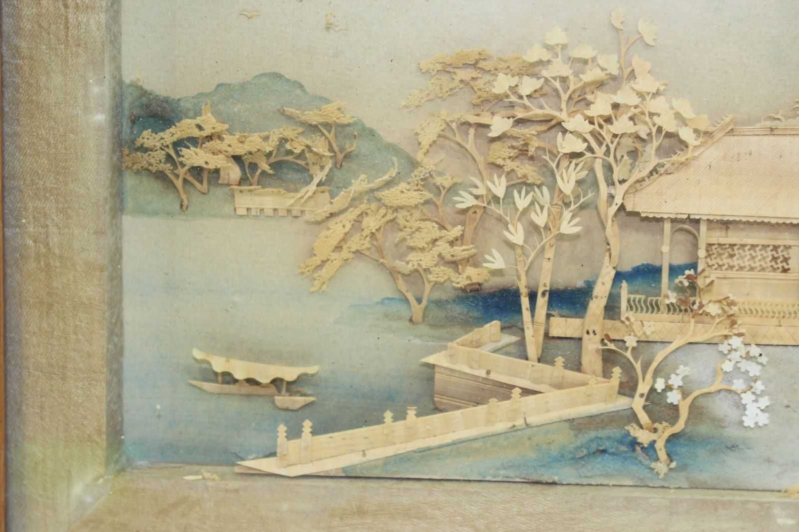 Интересна техника 3д стара Китайска картина с рамка и стъкло