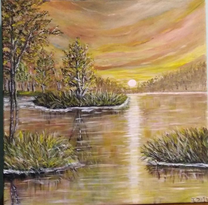 Toamna pe lac , pictură acrilica, pãnză