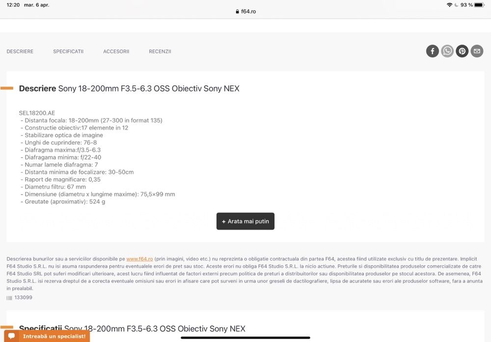 Obiectiv Sony 18-200mm f/3,5-6,3 OSS E-Mount Lens