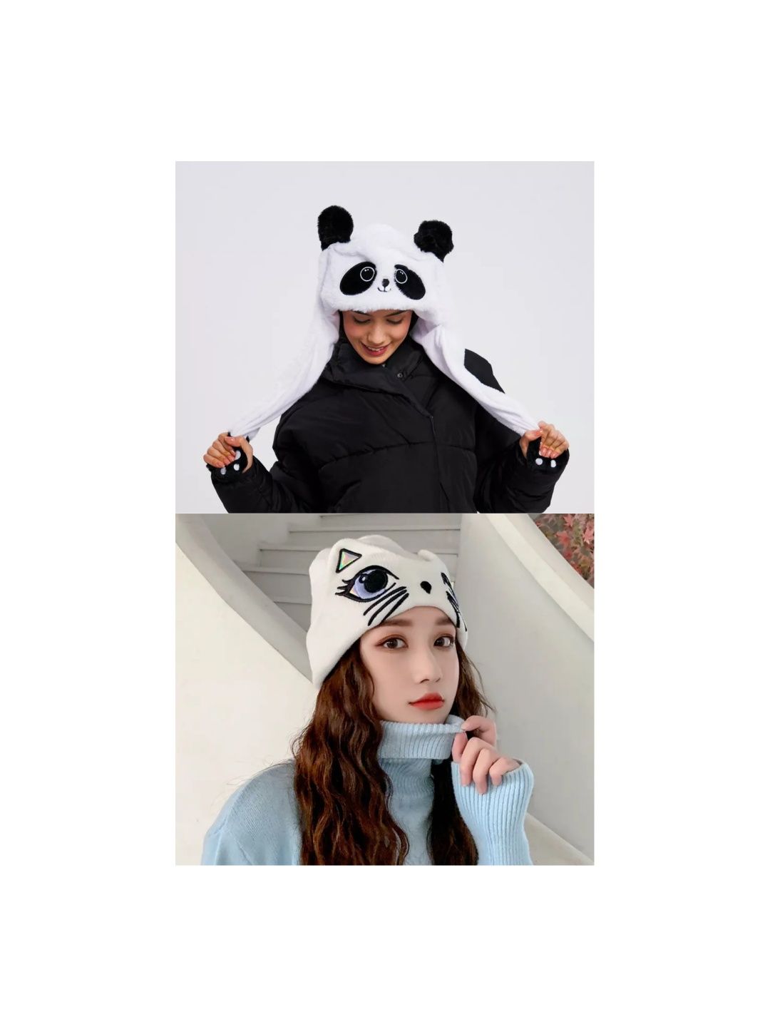 Шапка панда пушистик с ушками и шапка кошка