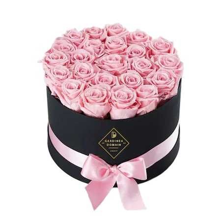 Aranjament floral 25 trandafiri flori din sapun roz in cutie catifea