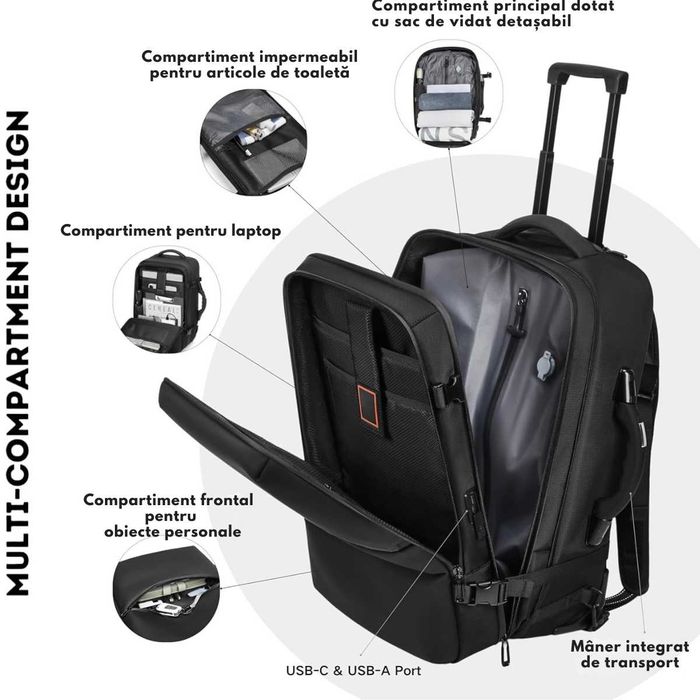 Rucsac Troler cu Vacum, Ghiozdan de Capacitate Mare, Sistem de Vidat