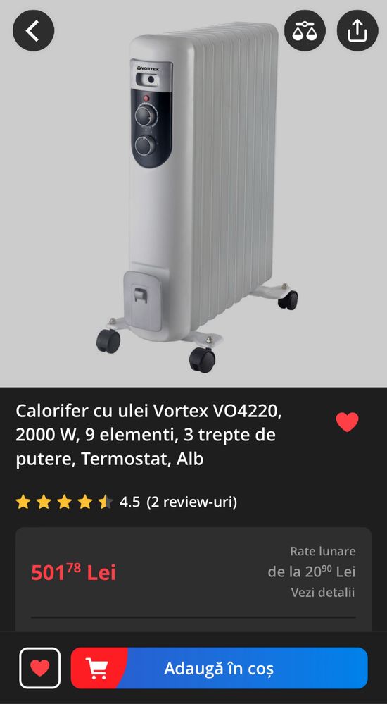 Calorifer electric pe ulei cu termostat Vortex