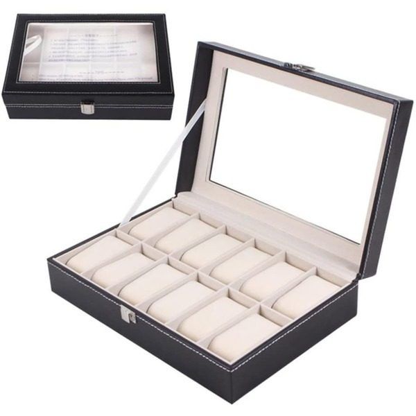 Cutie depozitare ceasuri de mana cu 12 pernite din piele si fereastra