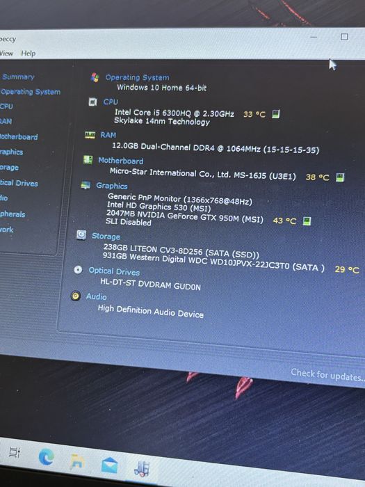 Msi Gaming• i5-6300H• 12gb ram DDR4• nvidia GTX • SSD 256 + 1Tb