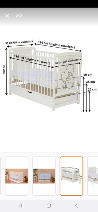 Vând Patut din lemn Qmini Timmi cu sertar si roti Alb + Saltea 12 cm