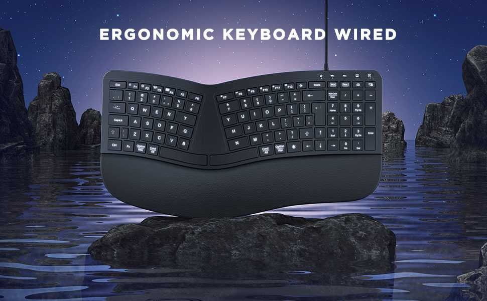 Ергономична , осветена, кабелна клавиатура с поставка за китката