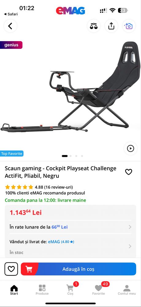 Scaun gaming de vanzare- Cockpit Playseat Challenge, Pliabil