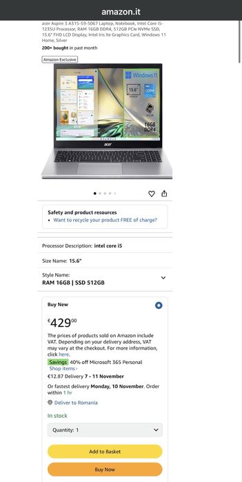 Laptop Acer Aspire 3 15.6” i5-1235U 16GB 512GB Pure Silver Nou Sigilat