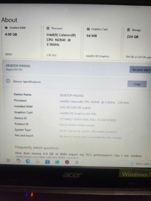 Laptop Acer 15.6 – 4GB, SSD 256 – Perfect pentru Office și Școala