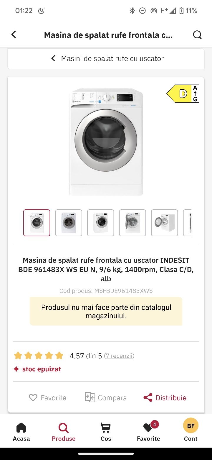 Masina de spalat rufe cu uscator Indesit BDE961483XWSEUN