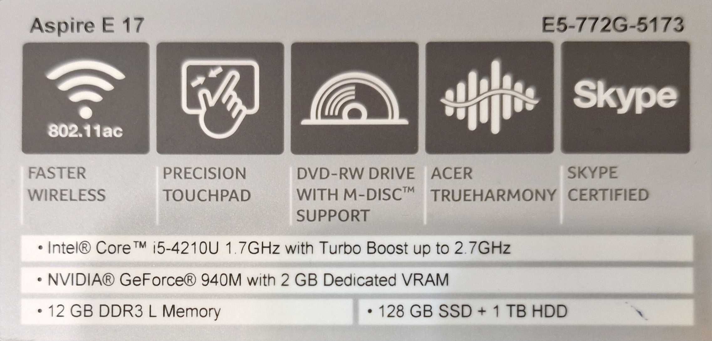 Acer Aspire E17 E5-772G 17 inch i5 12GB RAM SSD+HDD Geforce 9400M 2GB
