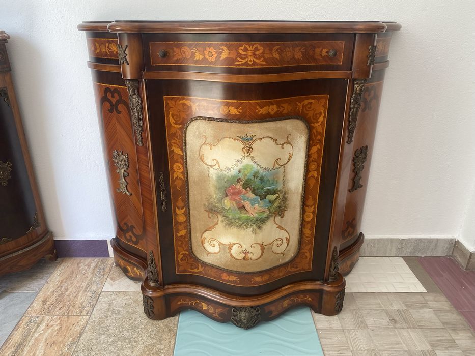 Comoda Lemn Masiv Pictura Bronz Intarsii Vintage